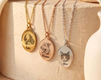 Pet Portrait Custom, Gifts for Dog Mom, Customized Dog Photo Oval Necklace, Engraved Cat Portraits, Pet Memorial Jewelry Loss Gift for Her