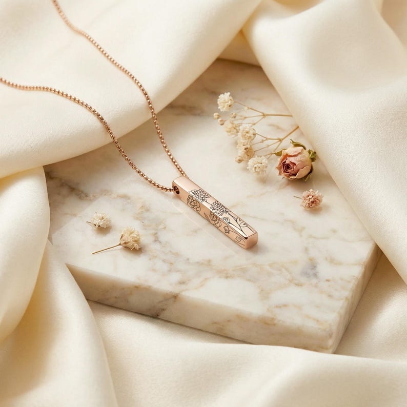 Birth Flower Engraved Pendant Bar Necklace, Personalized Gifts, Mothers Day Gift for Mom, Family Name Necklace, Memorial Loss Gift Jewelry image 3