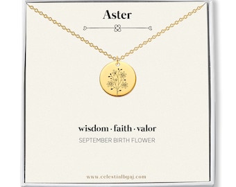 September Birthday Gift Birth Month Flower Aster Necklace, Personalized Engraved Gift for Best Friends, Aster Pendant Jewelry Necklace