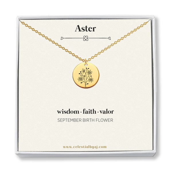 September Birthday Gift Birth Month Flower Aster Necklace, Personalized Engraved Gift for Best Friends, Aster Pendant Jewelry Necklace