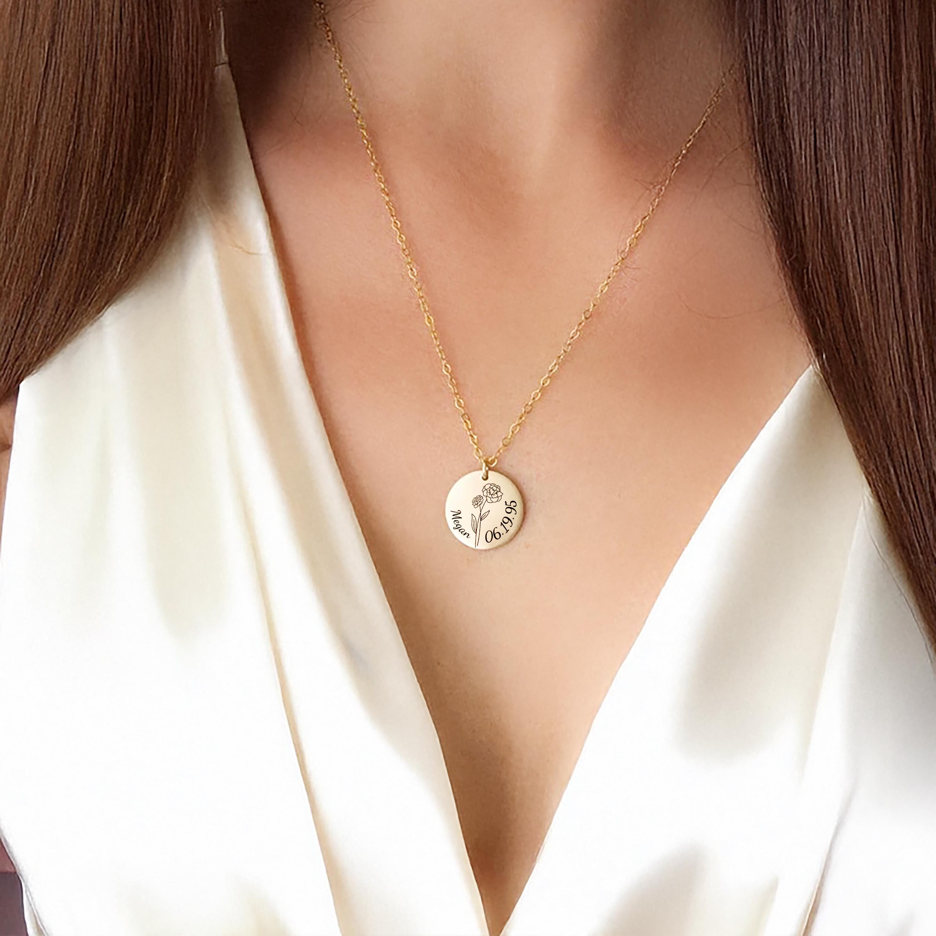 Birth Flower Disc Necklace Gift for Women Mom Mothers Day Aunt