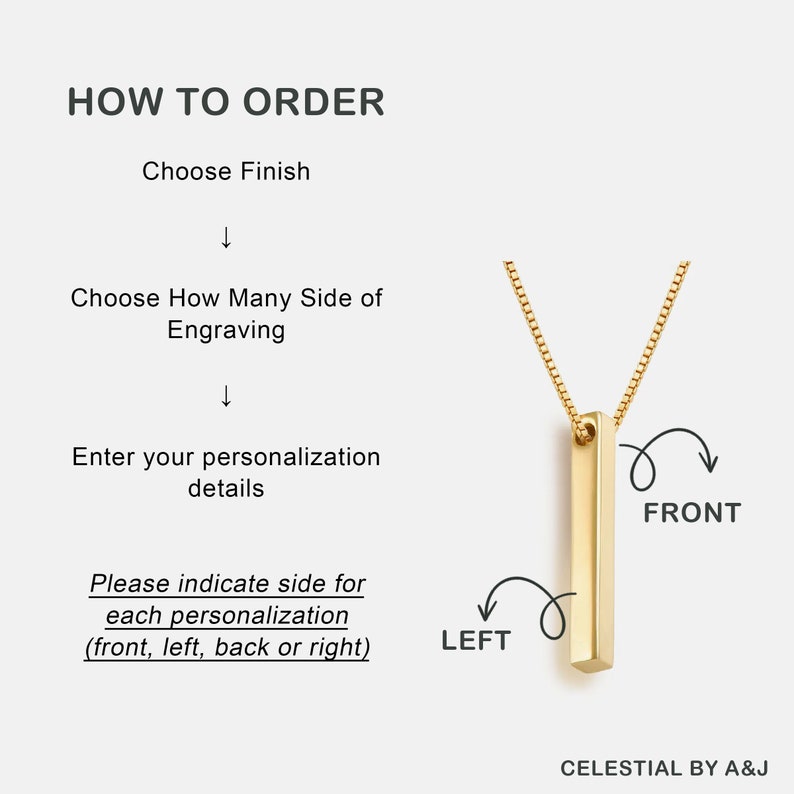 May include: How to order a personalized bar necklace. Choose the finish, how many sides to engrave, and enter your personalization details. Indicate the side for each personalization: front, left, back, or right. The necklace features a gold bar pendant on a gold chain.