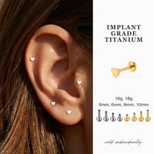 Tiny Heart Threadless Push Pin Labret Stud, Titanium Flatback Cartilage Earring, Helix Tragus, Flat Back Nap Earring, Nose Stud 16g 18g