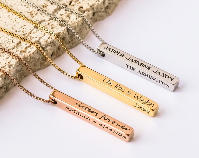 Personalized Jewelry Bar Pendant Necklace Engraved Message, Gifts for Him, Personalized Custom Necklace, Four Sides Engrave Bar Necklace