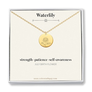 July Birthday Gift Birth Month Flower Necklace Personalized Engraved Gift for Her, Best Friends Gift Box, Waterlily Flower Pendant Necklace
