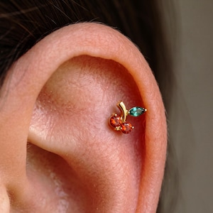 16g 18g Tiny Cherry Threaded Labret •  Dainty Fruit CZ Flat Back Earring • Tragus Stud • Flat Back Stud • Helix Stud • Cartilage • Nose Stud