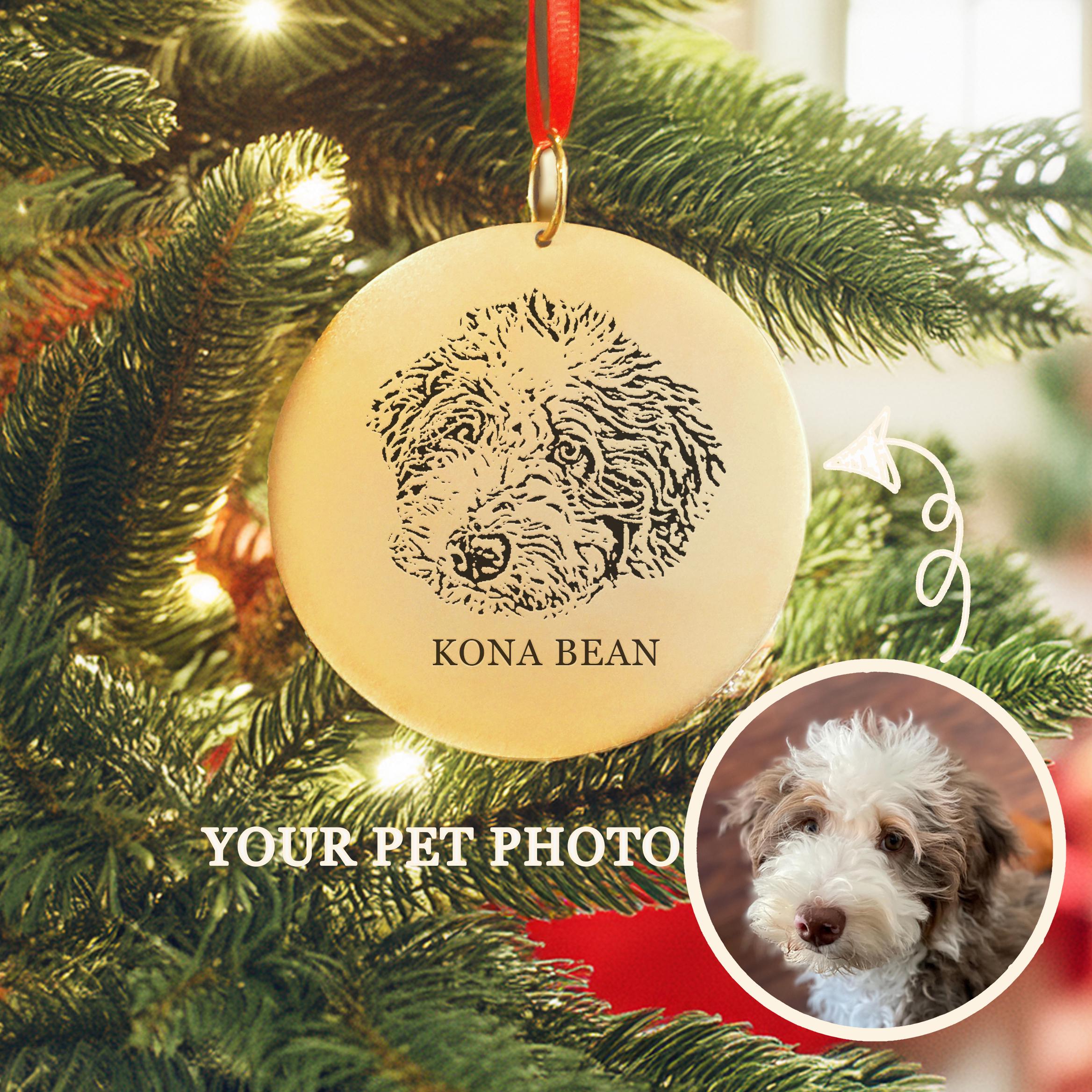 Pet Portrait Ornament Custom Christmas Gift · Personalized Engraved Brass Dog Photo Ornament · Memorial Pet Loss Gifts · Cat / Animals Photo