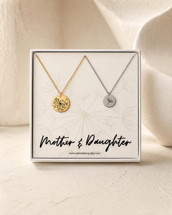 Mother Daughter Necklace Set, Mothers Day Jewelry, Dandelion Necklace, Gift for Mom from Daughter, Matching Engraved Sister Mother Gifts