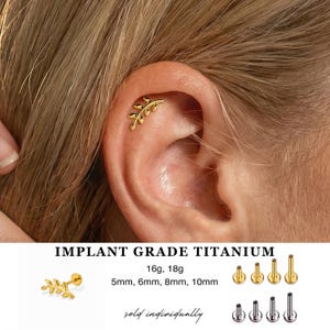 Pendiente de titanio con forma de hoja pequeña de 16 g/18 g, sin rosca y con parte trasera plana · Pendiente de botón con forma de rama de olivo · Joyería griega · Pendiente de hoja bonito · Sin deslustre ·