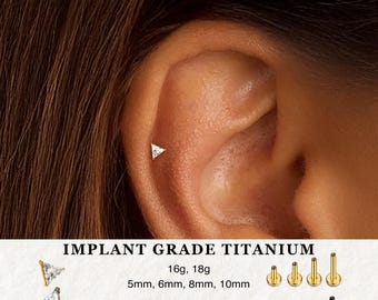 18G/16G Triangle CZ Titanium Labret • Internally Threaded Flat Back Earring • Tragus Stud • Flat Back Stud • Helix Stud • Cartilage Stud