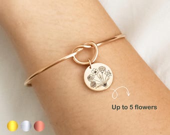 Combined Birth Month Flower Bouquet Bracelet, Mothers Day Gift, Personalized Flower Bouquet Floral Knot Bracelet, Personalized Disc Bracelet