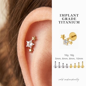 Titanium Star Cluster Flat Back Earring • 16g 18g Crystal Starburst Threadless Cartilage Stud • Minimalist Gold Helix Conch Labret