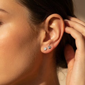 May include: A close-up of a person's ear with two small, silver paw print stud earrings. The earrings are detailed with five toes and a small pad. The skin tone is light with a soft, natural glow.