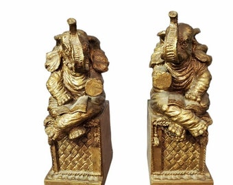 Vintage Elephant Bookends Gold Painted Trunk Up 9" Brass Tone Resin Set of 2