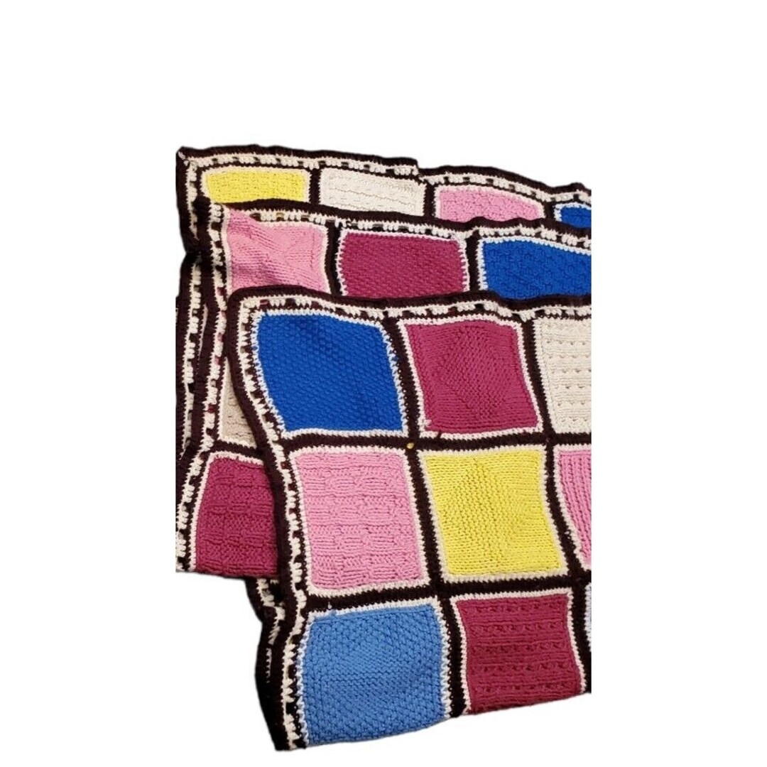 Crocheted Afghan Throw Blanket Colorblock Checkerboard Boho 64 Handmade