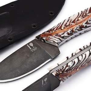 以下が含まれることがあります： 黒革の鞘に、白黒の模様のついた、茶色の柄のナイフが入っています。ナイフは銀色の刃で、黒い文字で「TBP」と刻まれています。