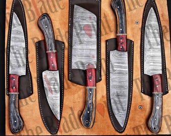 Hand Forged Damascus Chef Set, Handmade Kitchen knife Gift, Cooking knives with Leather Roll