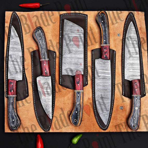 Hand Forged Damascus Chef Set, Handmade Kitchen knife Gift, Cooking knives with Leather Roll