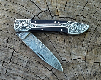 AANGEPASTE zakmes, damast zakmes, authentiek gesmeed stalen mes bruidsjonkers cadeau