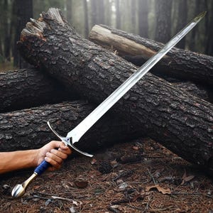 May include: A long, double-edged steel sword featuring a pointed blade, a silver-toned crossguard with a small blue circular inlay, and a dark blue wrapped handle ending in a smooth, rounded metallic pommel with a polished finish.