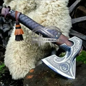 Carbon Steel Viking Axe | Engraved Camping Hatchet | Ornate Hand Axe | Gift for Groom | Leather Wrapped Handle | Collectable Axe