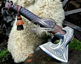 Carbon Steel Viking Axe | Engraved Camping Hatchet | Ornate Hand Axe | Gift for Groom | Leather Wrapped Handle | Collectable Axe
