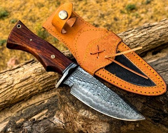 Hand Forged Knife + Leather Sheath | Damascus Steel Hunting Knife | Camping Knife with Wood Handle | High Carbon Steel | Anniversary Gift