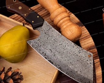 Coltello da chef in acciaio Damasco forgiato a mano, mannaia da cucina fatta a mano con fodero in pelle