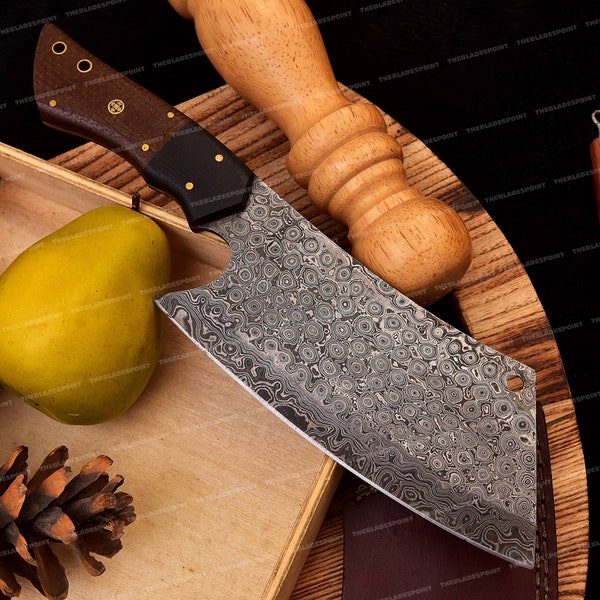 Hand Forged Damascus Steel Chef Knife, Handmade Kitchen Cleaver With Leather Sheath