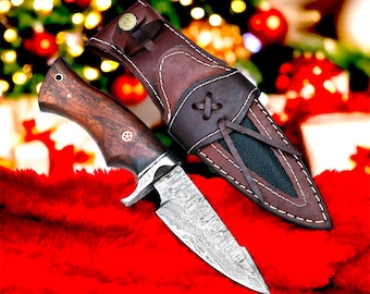 Handmade Damascus Hunting knife with leather sheath Hand forged damascus knives gift for him Best Christmas Gift Unique gifts for him