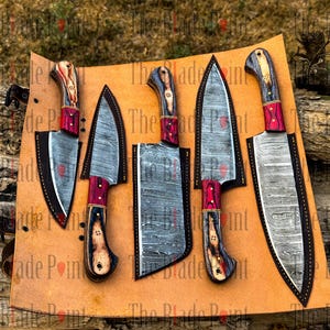 Handgeschmiedetes Damast Kochmesser Set, Küchenmesser | Kochmesser-Set, handgefertigtes 5-teiliges Luxus-Damasusmesser Jubiläums- und Geburtstagsgeschenk