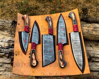 Juego de cuchillos de chef de Damasco forjados a mano, juego de 5 cuchillos de cocina de lujo hechos a mano, regalo de aniversario y cumpleaños.