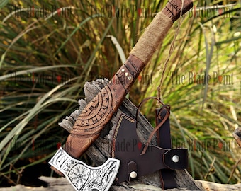 Handmade Viking Axe RAGNAR with Bearded Carbon Steel Head | Personalized Scandinavian Hatchet with Ash Wood Handle, Gift for Him or Warrior