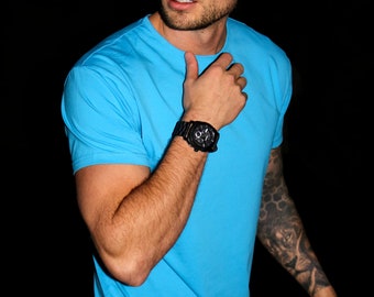 Light Sky Blue Curved Hem Summer Shirt | Men's Azul Instagram Shirt | Rounded Hem College Apparel Best Selling Shirts