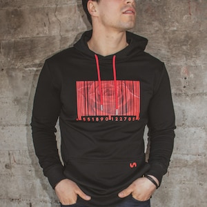 May include: Black hoodie with a red barcode design featuring a red rose. The barcode numbers are 551890122705.