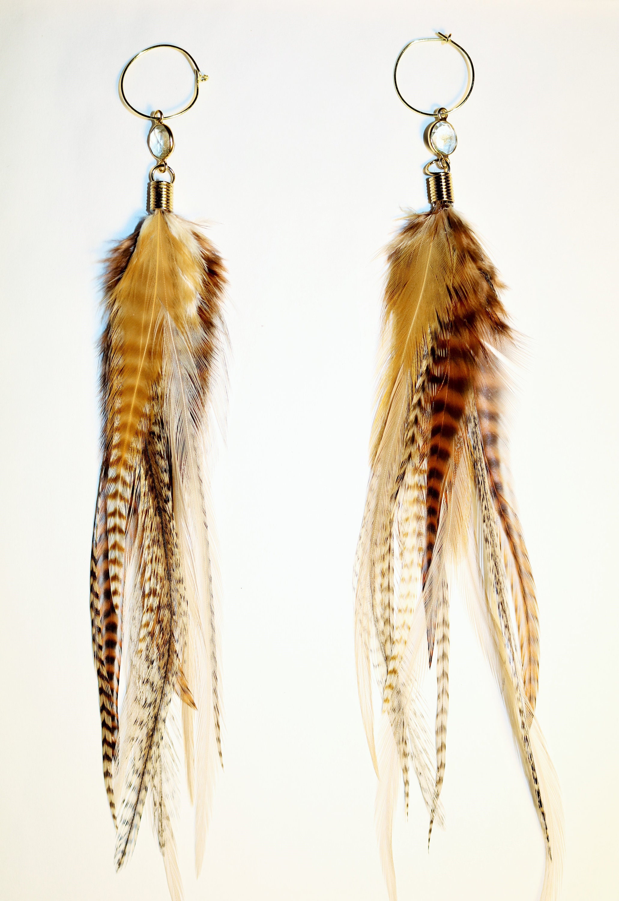 Pendant feather earrings with real crystal gemstone,brown,tan and ...