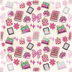 May include: A repeating pattern of pink and teal books, candles, flowers, bows, e-readers, and mugs with hearts. The books have the text "Just one more chapter". The background is a light beige color with pink stars.
