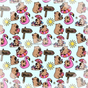 May include: A repeating pattern of cartoon capybaras enjoying a beach vacation. The capybaras are depicted with beach balls, in flamingo floats, under umbrellas, and drinking from coconuts. Other elements include beach signs and suns, all on a light blue background.