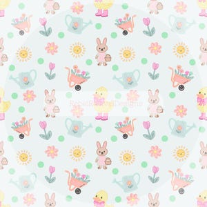 May include: A repeating pattern with Easter motifs. The design includes smiling suns, pink flowers, tulips, bunnies with baskets, yellow ducklings in wellington boots, watering cans, and wheelbarrows filled with flowers, on a pale blue background.