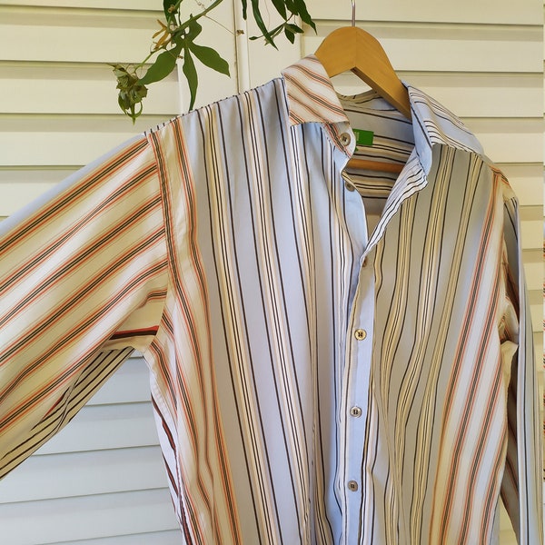 Multi Stripes Button Down Mens Shirt with Long Sleeves Blue White Brown Vintage 00s Medium Size Hipster Shirt Unisex Boyfriend Present