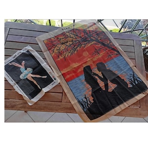2 Pieces Greek Half Embroidered Wall Decor Romantic - Handmade Vintage  Cadres, 1980s made in Greece