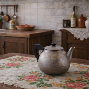 Tetera de aluminio vintage plateada con mango negro y perilla negra en la parte superior, utensilio retro para el hogar, mesa, cocina, decoración rústica de los años 60