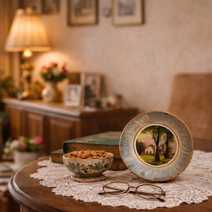 Decoratieve borden voor display Vintage jaren 70 Afdrukbare afbeelding en kleurplaat met een kleine boerderij in het bos Natuur Inspiratievak