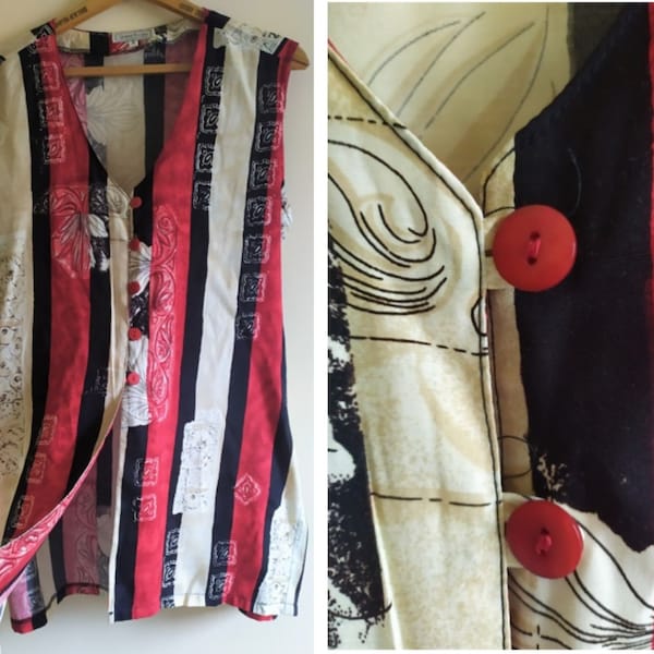 from 90's Abstract  Women's Shirt Tunic Sleeveless Red black Beige with Belt at the Back Vintage Clothing Clothes Medium Size