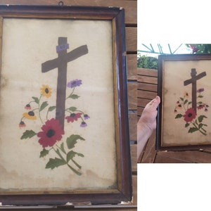 From 50&#39;s Greek Embroidery Cadre Embroidered Cross and Flowers on Canvas fabric and Brown Wooden Frame Wall Decor Hangings Made in Greece