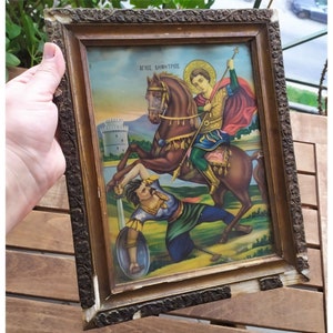 Antique Greek Holy Icon Cadre from 1950s &#39;Αγιος Δημήτριος Saint Dimitrios Wooden Frame Orthodox Christian Religion Vintage made in Greece