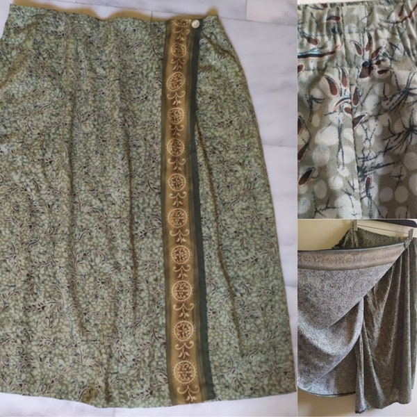 Plus Size Retro Wrap Skirt: Long  Lovely Below the Knee, Vintage Rayon fabric, Chic Green, Brown & Beige Colors!