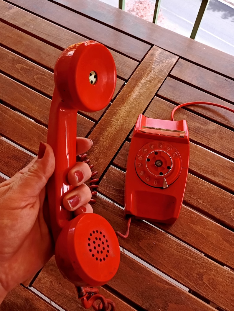 from 70's Landline Phone Red Rotary 1970's Decor Vintage Home Decoration Rotary dial Retro Telephone made in Greece imagem 6