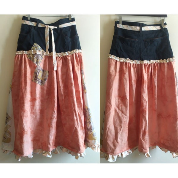 Eco-friendly A-Line Skirt - Upcycled Denim, Tie-Dye Touch, Vintage Vibes - Size L