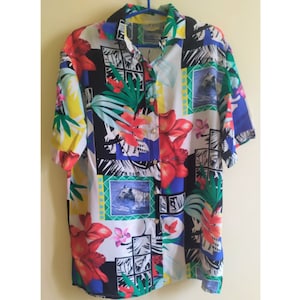 from 90&#39;s Blouse Shirt on Red Blue White Colors with Short Sleeves Lady&#39;s Women&#39;s Vintage Retro Clothing Small Size